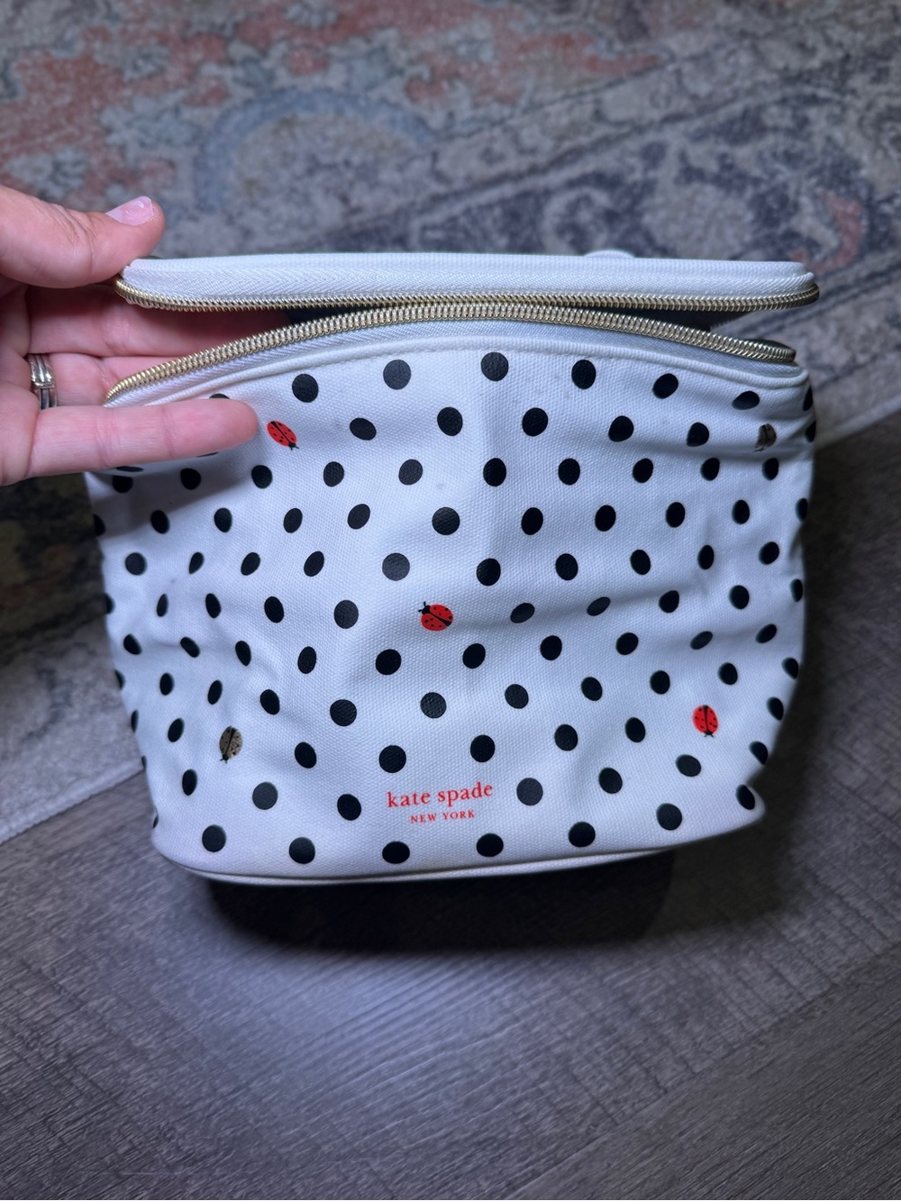 kate spade White Polka Dot Cosmetic Pouch with Ladybug Accents